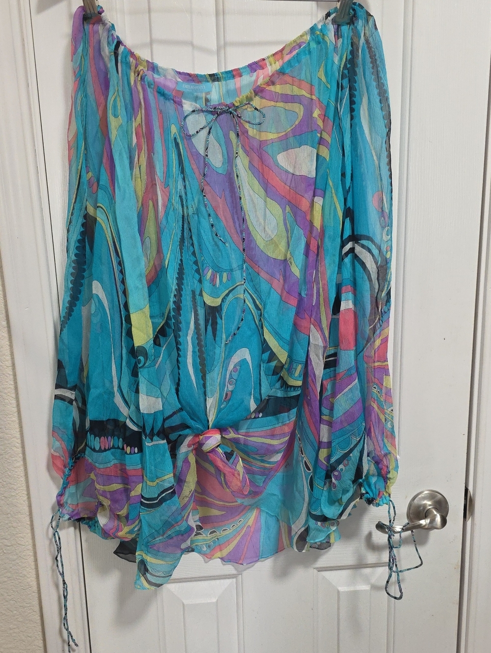 Emilio Pucci Turquoise Print Sheer Silk Chiffon Tie-Front Peasant Blouse Size XL